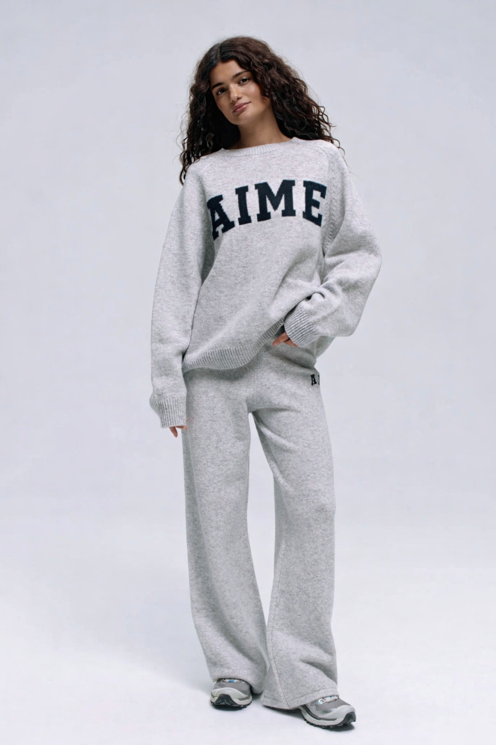 Chest Varsity Oversized Knit sweatshirt & Bottoms- Light Grey
