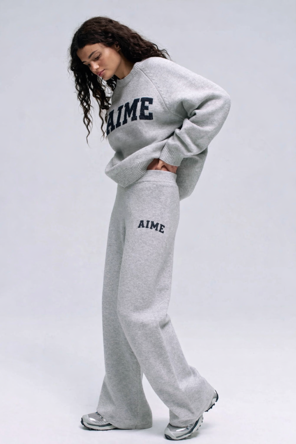 Chest Varsity Oversized Knit sweatshirt & Bottoms- Light Grey