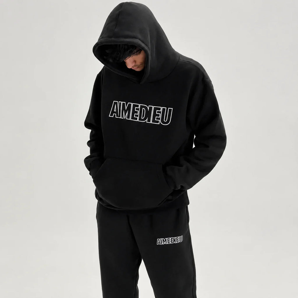 Relaxed Thick Cotton Hoodie Border Font AIMEDIEU