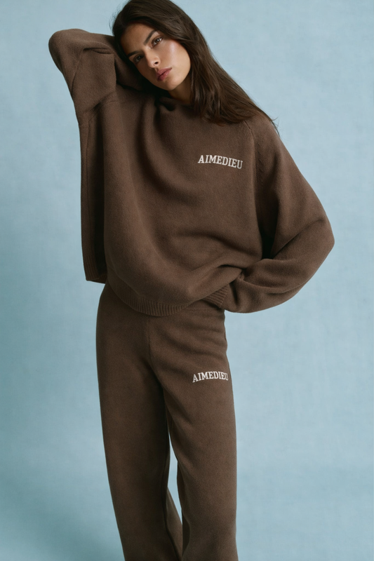 Chest Varsity Oversized Knit Hoodie & Bottoms - Dark Cocoa Brown/Marshmallow White