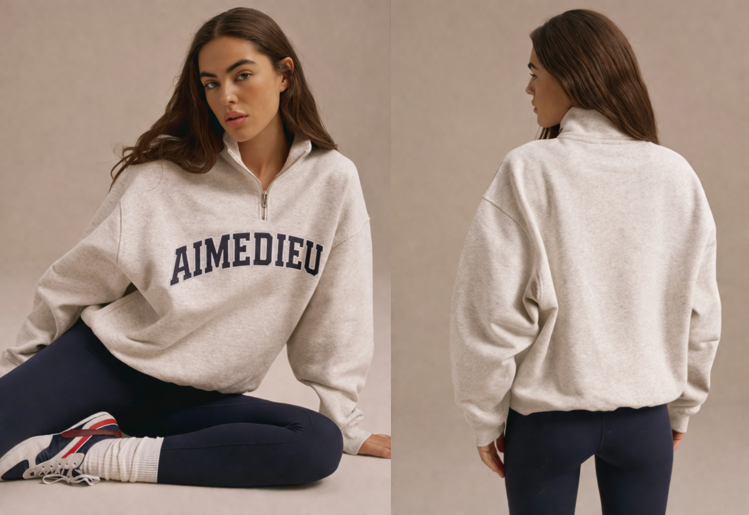 Varsity Relaxed Funnel Neck Zip Sweatshirt - Light Grey Melange/Navy Blue
