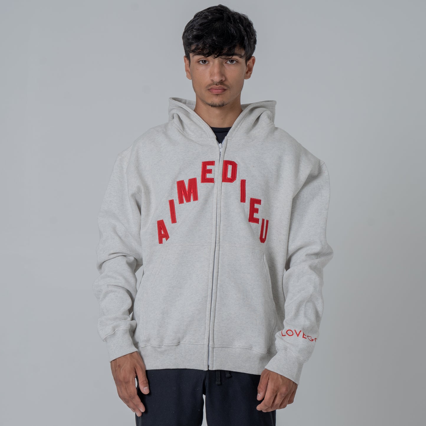 Aime Dieu Duffer Style White Zip-Up Hoodie | Regular Zip Top